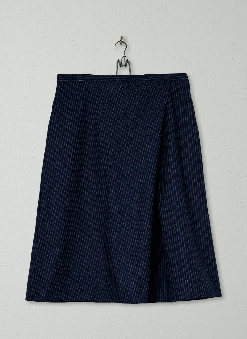 Reworn Wool Cashmere Stripe Skirt Size 16 (303) | Dark Navy