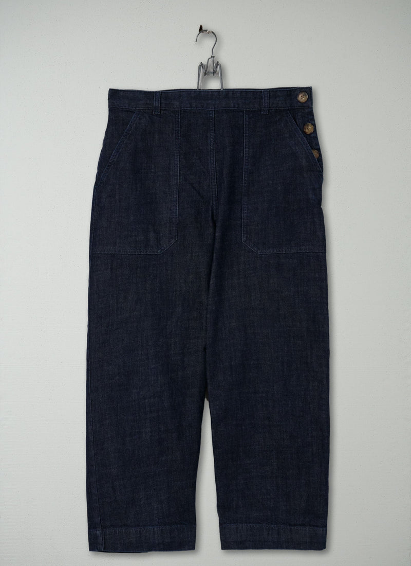 Reworn Denim Side Button Trousers Size 12 (283) | Indigo