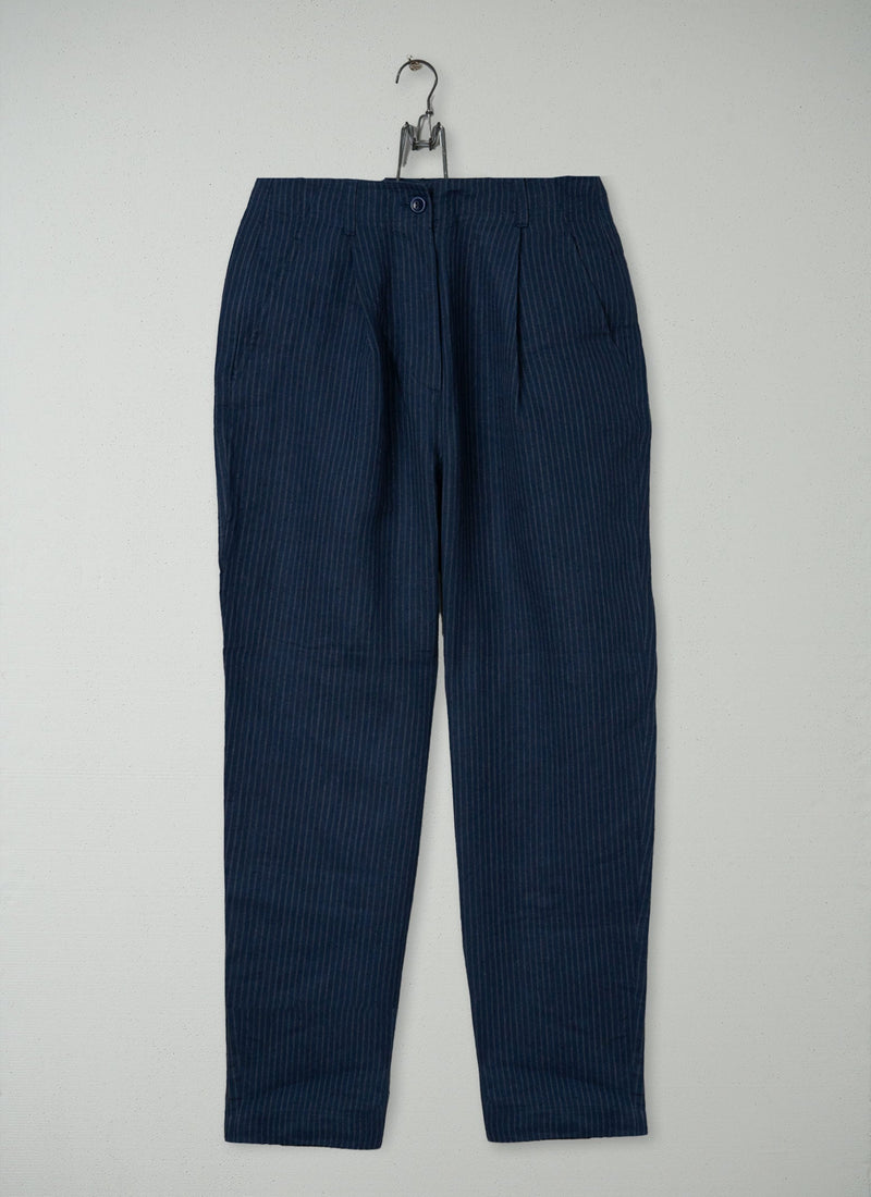 Reworn Stripe Linen Trousers Size 10 (1222) | Grey Blue
