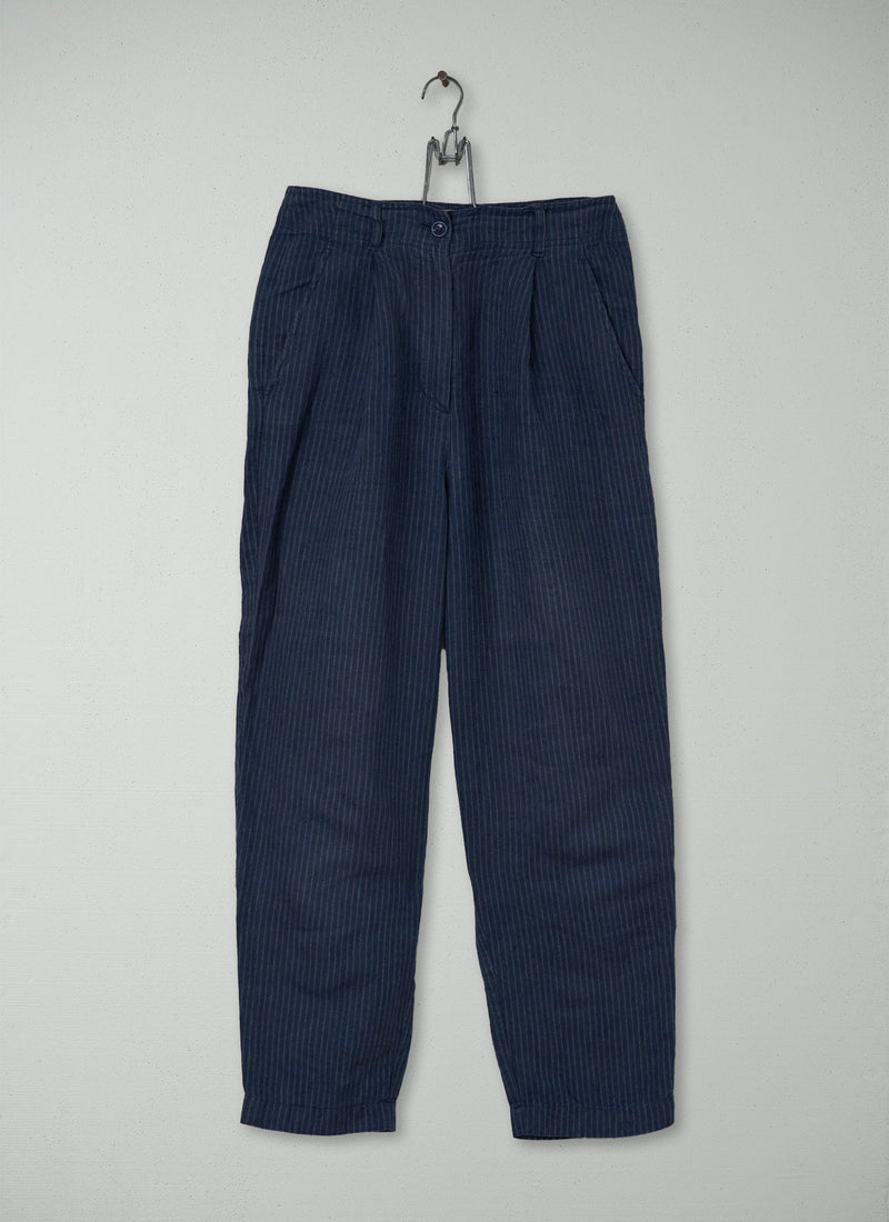 Reworn Stripe Linen Trousers Size 6 (044) | Blue Grey