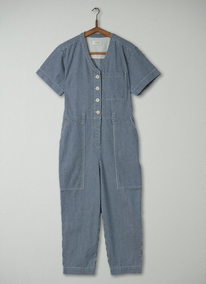 Reworn Stripe Denim Jumpsuit Size 8 (315) | Blue/White