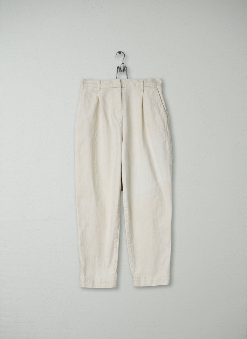 Reworn Denim Pleat Front Trousers Size 10 (148) | Ecru