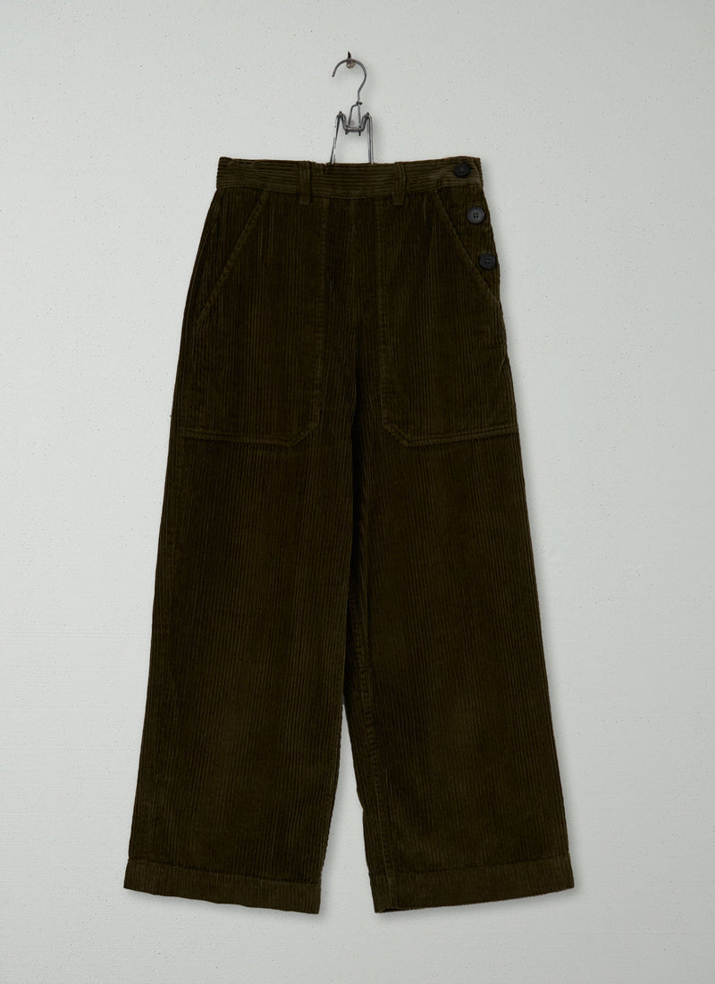 Reworn Side Button Cord Trousers Size 6 (889) | Dark Olive
