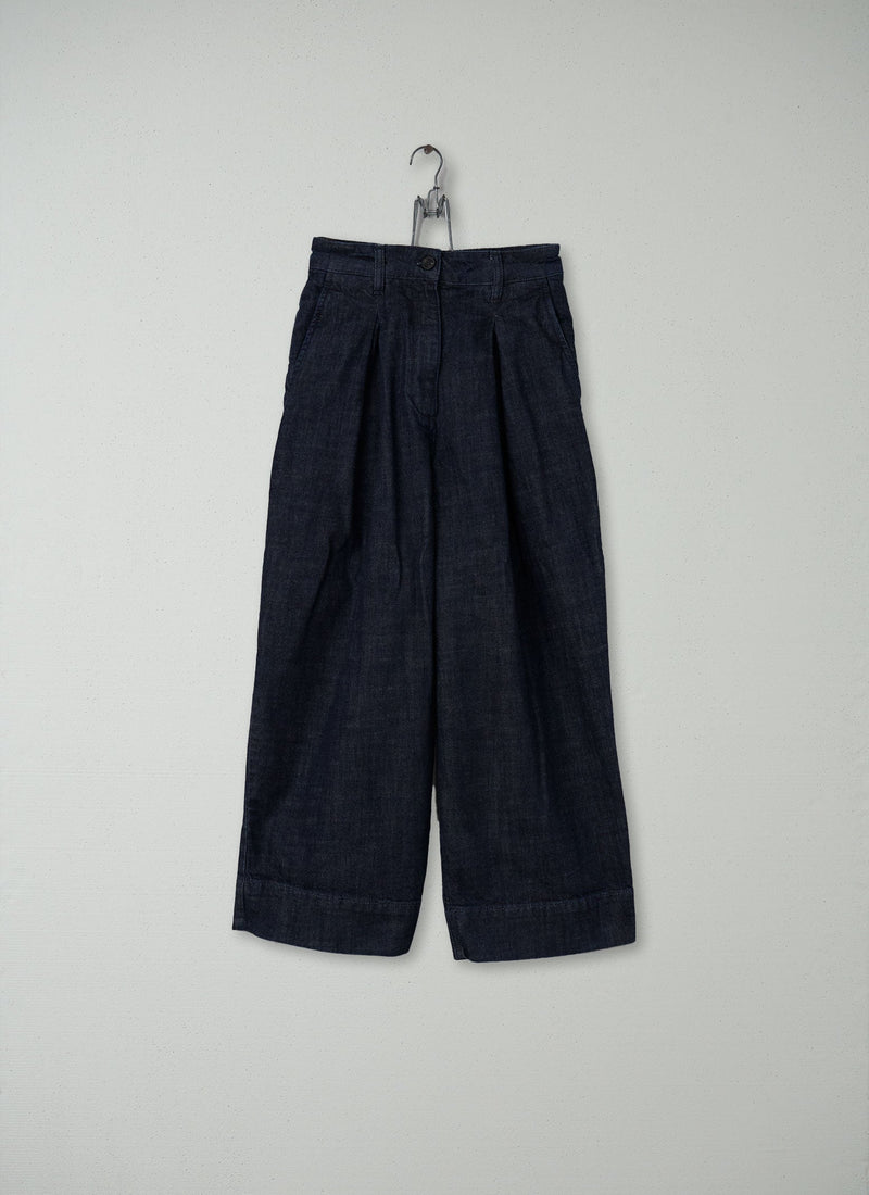 Reworn Denim Pleated Trousers Size 16 (118) | Indigo