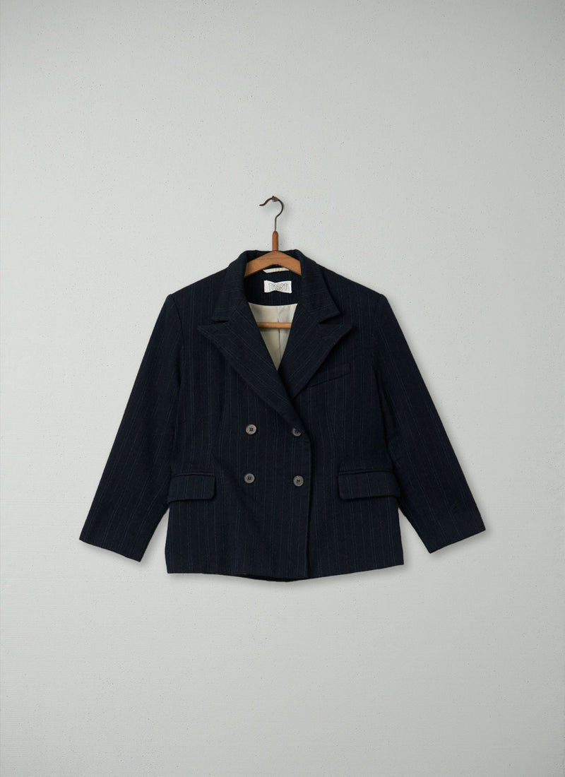 Reworn Pinstripe Jacket Size 12 (028) | Navy