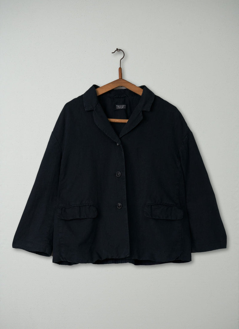 Reworn Cotton Linen Twill Jacket Size 16 (045) | Washed Black