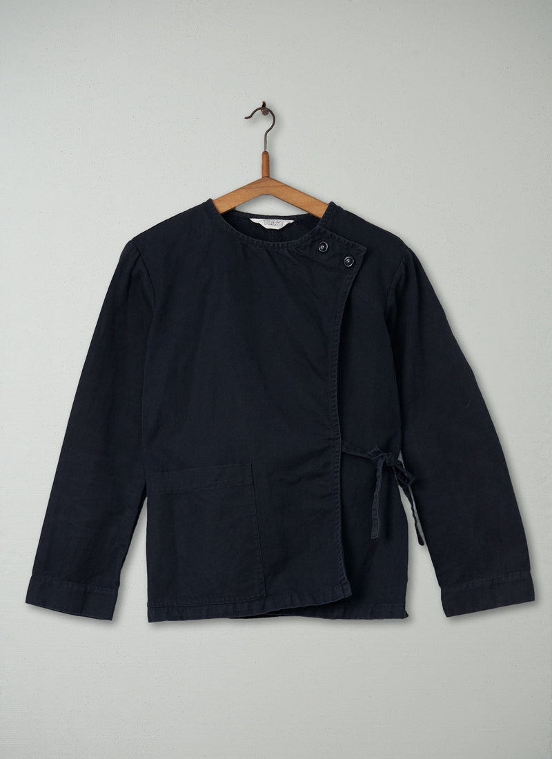 Reworn Cotton Linen Wrap Jacket Size 10 (036) | Navy