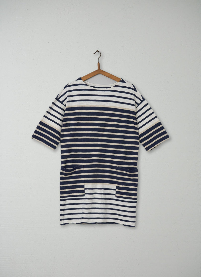 Reworn Slub Cotton Tunic Size S (136) | Navy/Off White