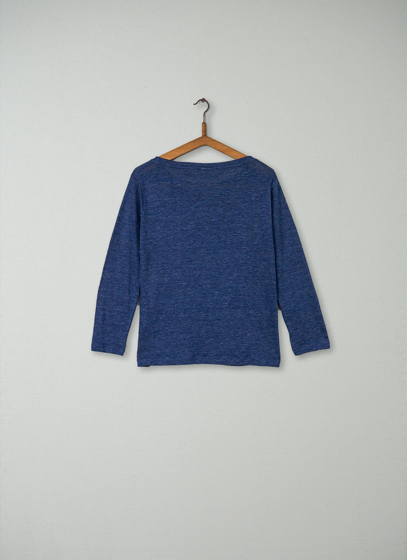 Reworn Linen Boat Neck Tee Size S (011) | Blue Melange