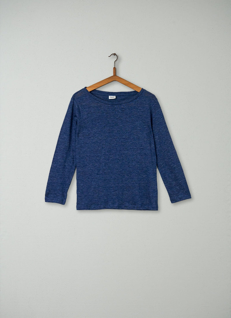 Reworn Linen Boat Neck Tee Size S (011) | Blue Melange