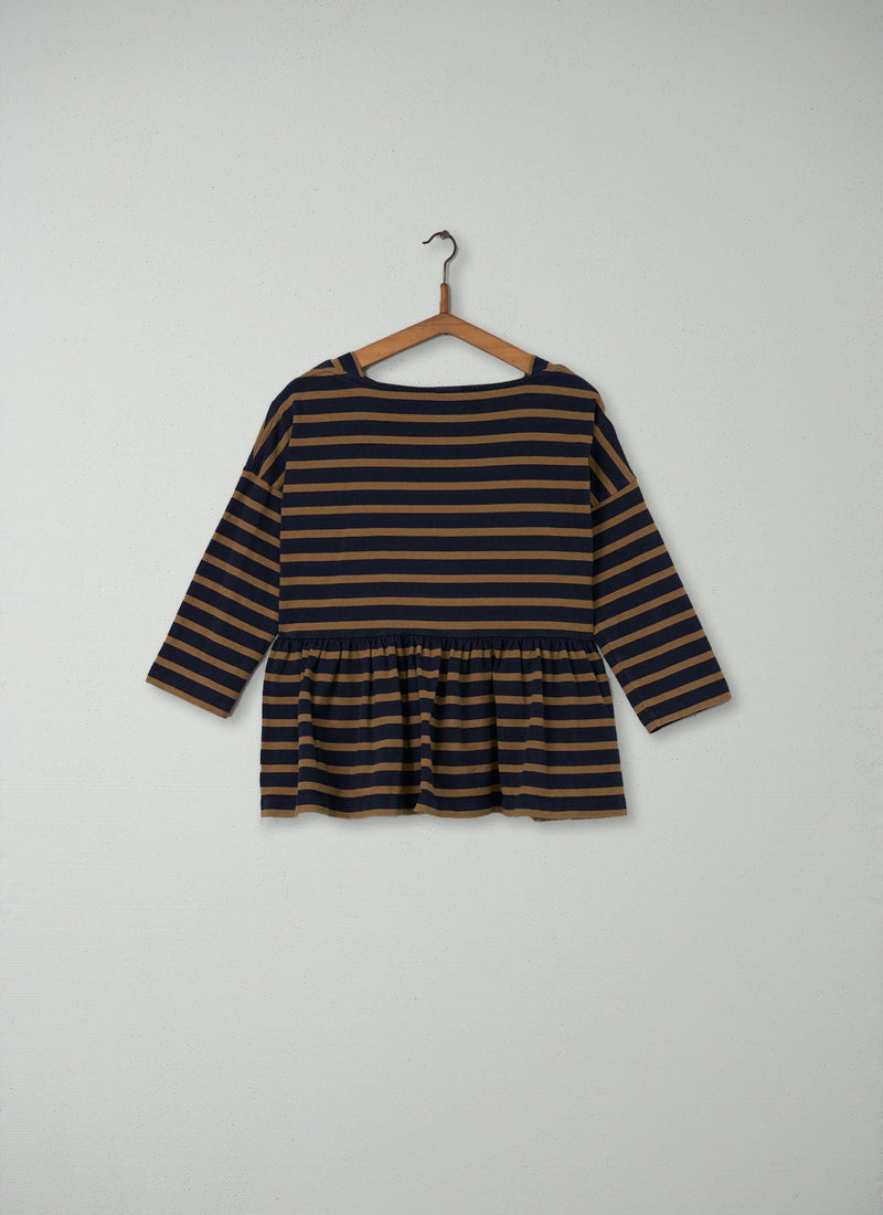 Reworn Stripe Cotton Gathered Top Size M (012) | Navy/Dull Gold