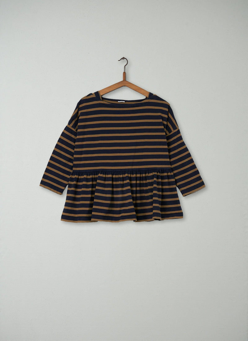 Reworn Stripe Cotton Gathered Top Size M (012) | Navy/Dull Gold