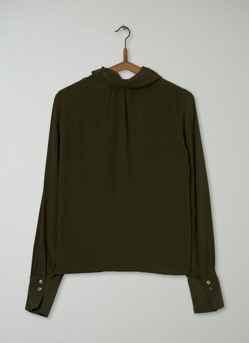 Reworn Silk Button Shoulder Top Size 8 (705) | Olive