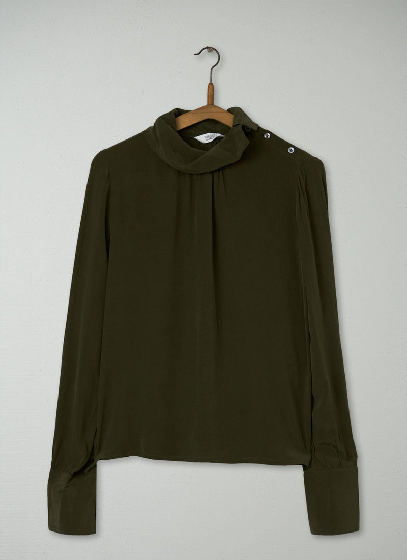 Reworn Silk Button Shoulder Top Size 8 (705) | Olive