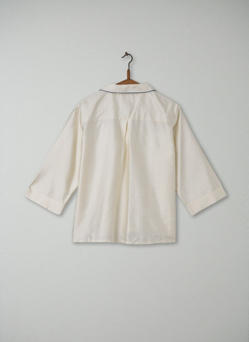 Reworn Silk Embroidered PJ Shirt Size 14 (071) | Ecru