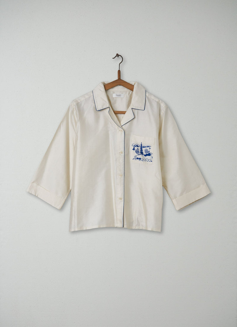 Reworn Silk Embroidered PJ Shirt Size 14 (071) | Ecru
