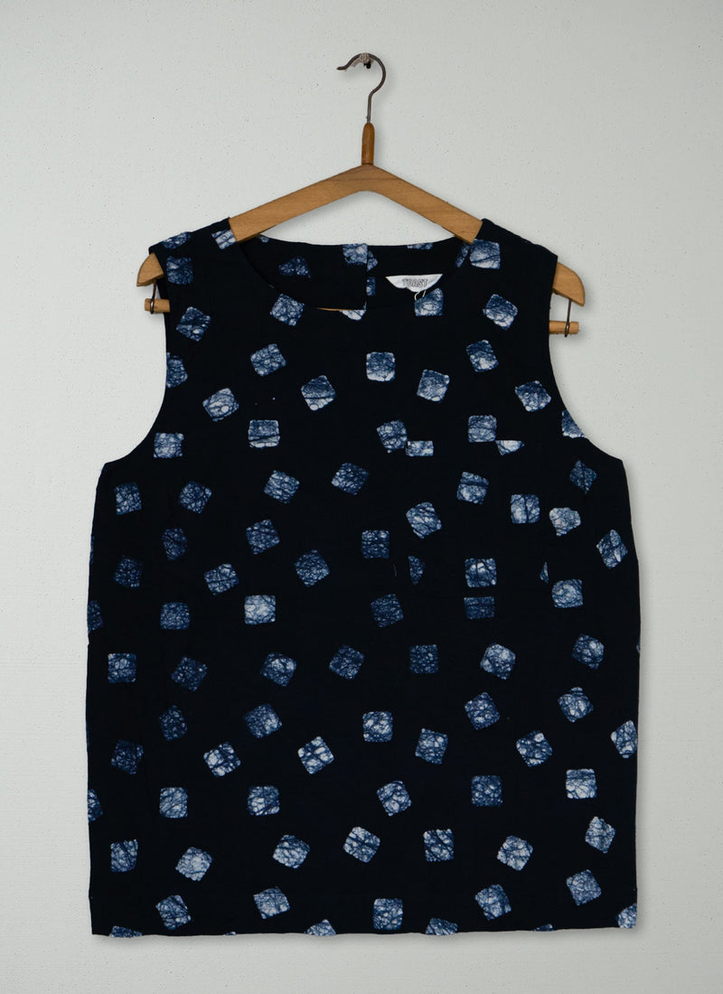 Reworn Batik Square Tank Top Size 8 (1041) | Deep Blue