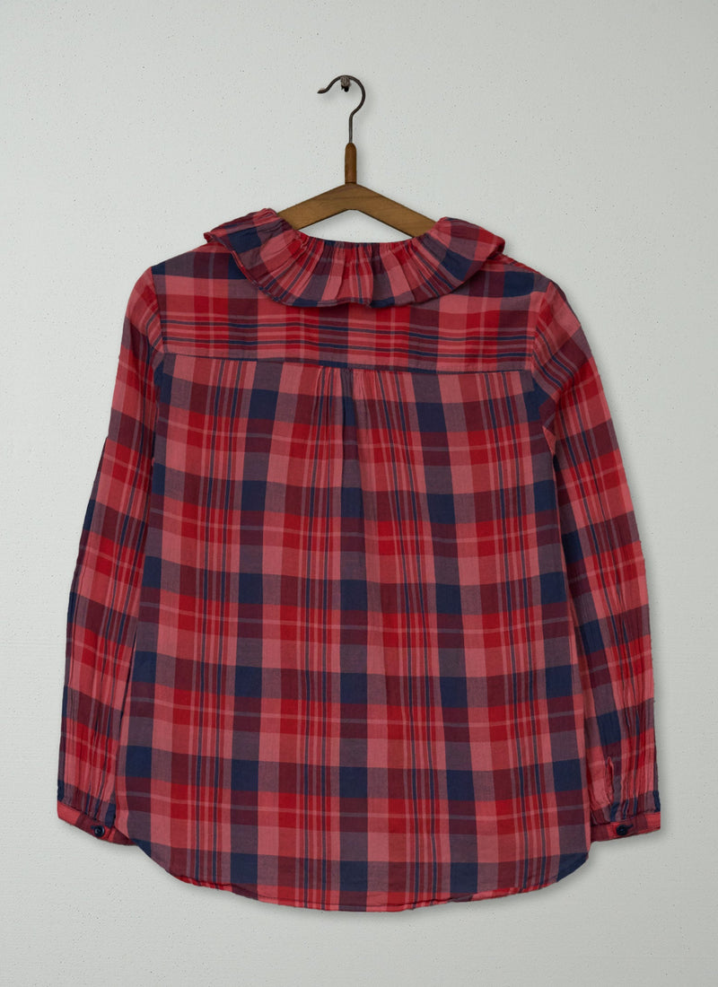 Reworn Ruffle Neck Cotton Shirt Size 8 (1243) | Raspberry