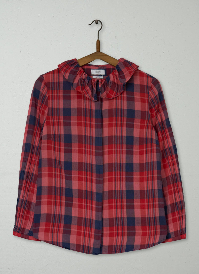Reworn Ruffle Neck Cotton Shirt Size 8 (936) | Raspberry