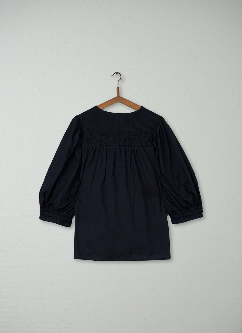 Reworn Pin Tuck Cotton Top Size S (114) | Navy