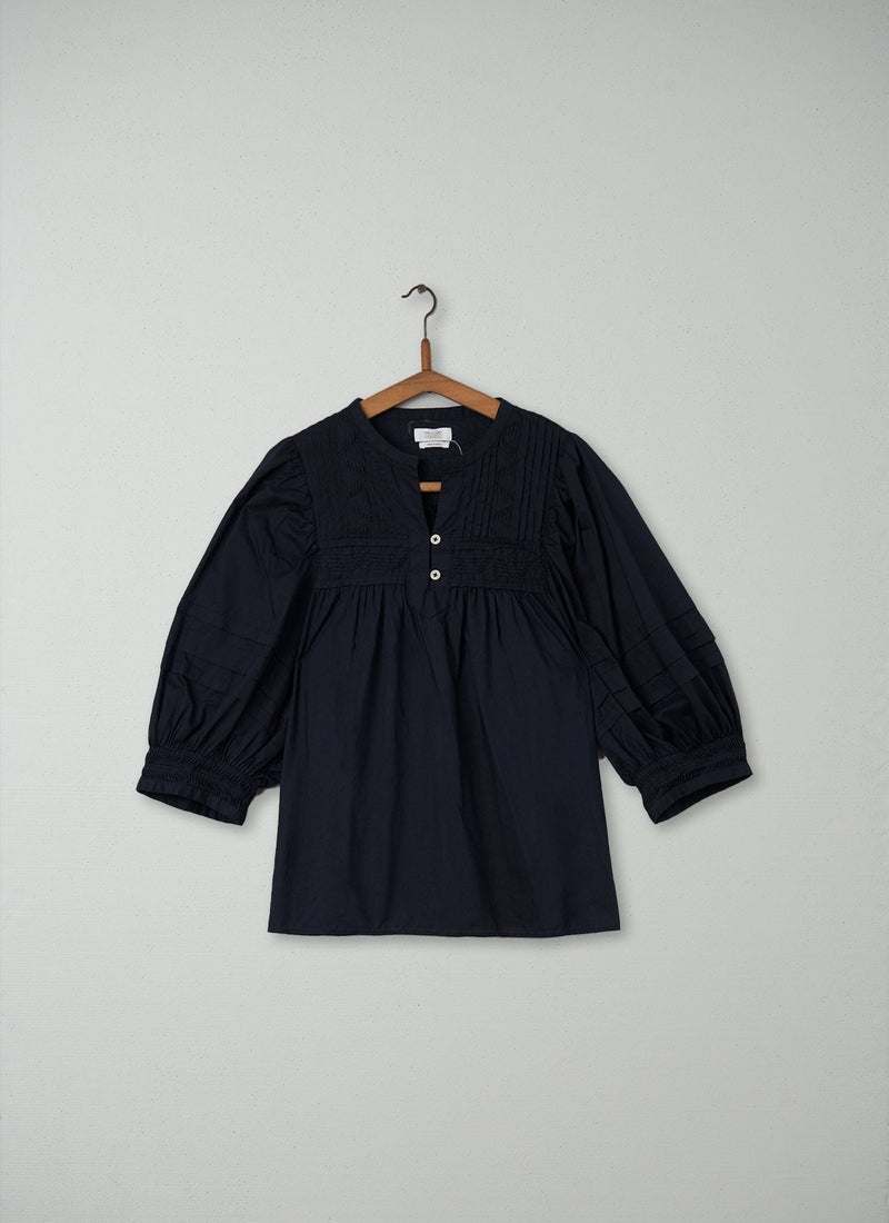Reworn Pin Tuck Cotton Top Size S (114) | Navy