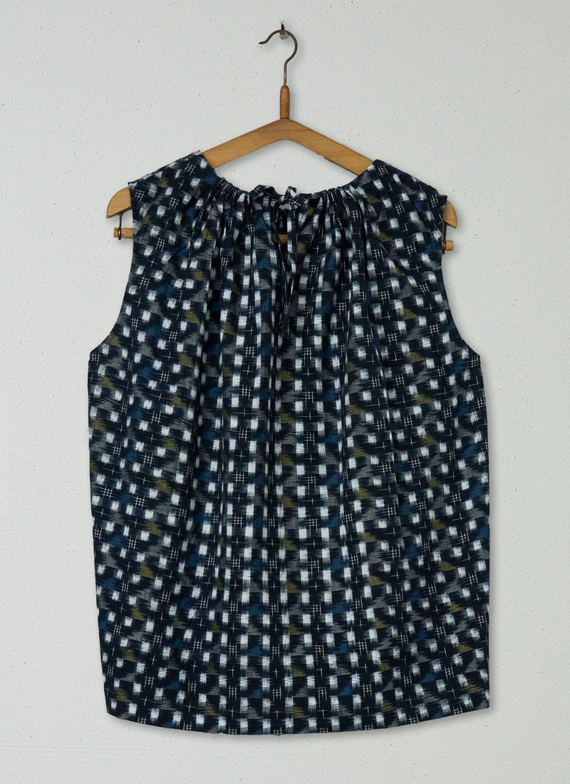 Reworn Ikat Gathered Neck Top Size L (965) | Denim