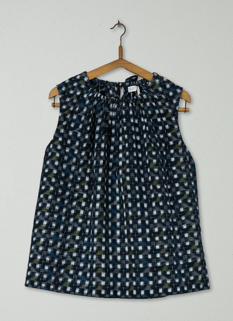 Reworn Ikat Gathered Neck Top Size L (965) | Denim