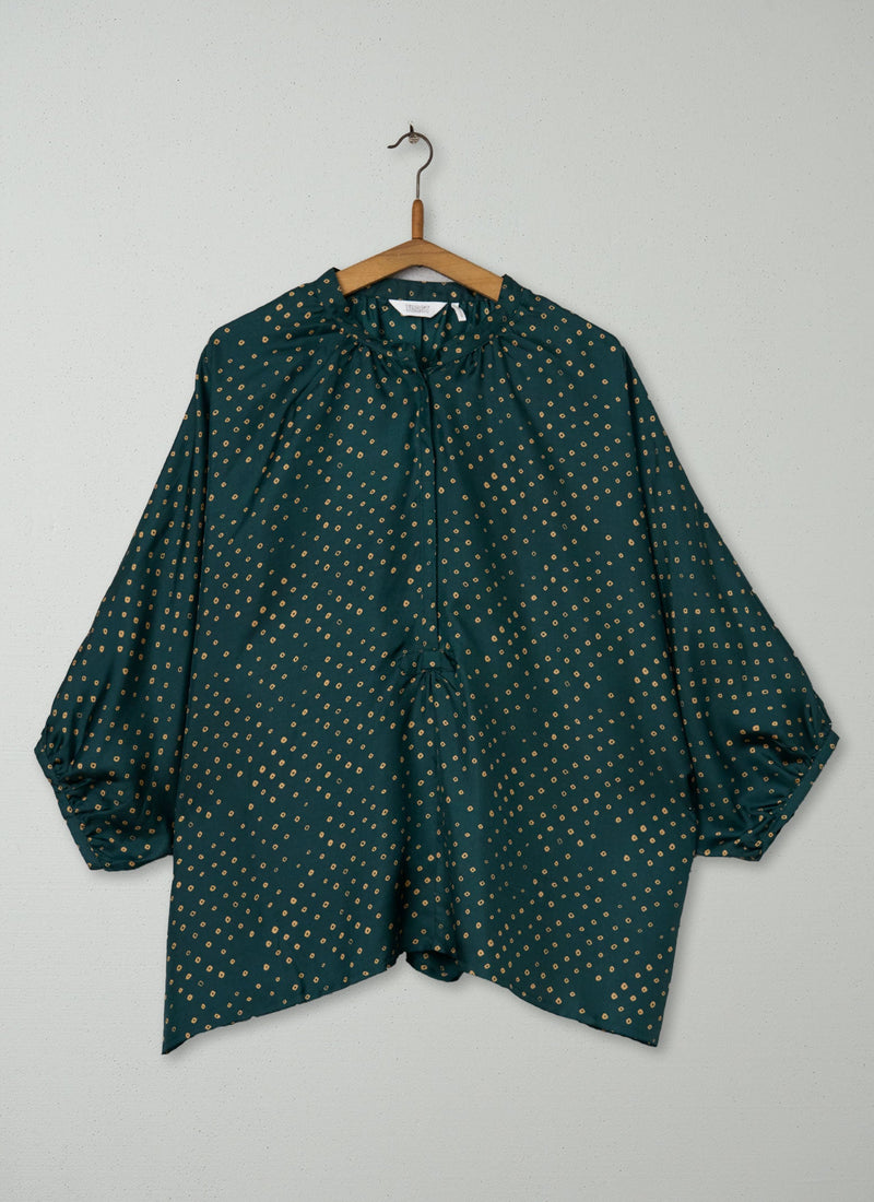 Reworn Lise Print Silk Top Size S (806) | Verdigris