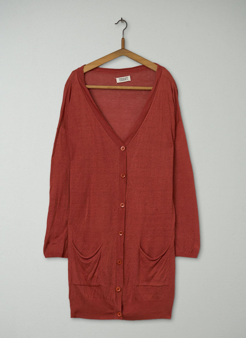 Reworn Linen Long Cardigan Size 12 (357) | Spice