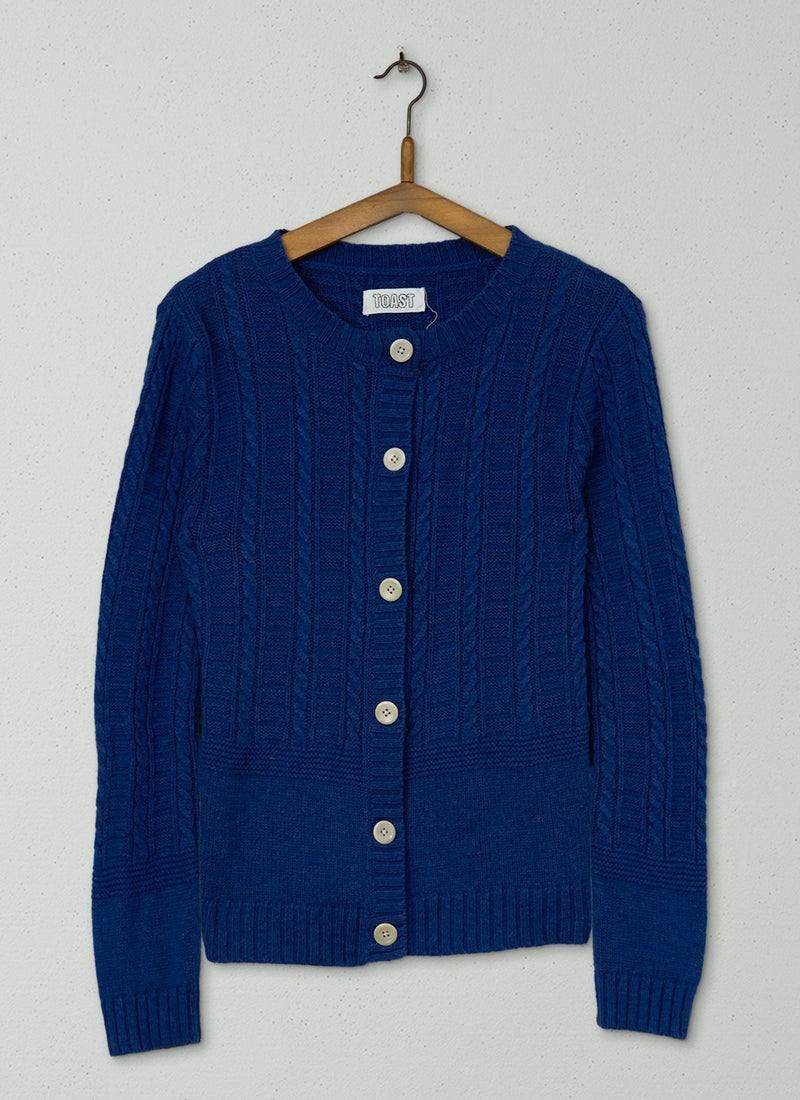 Reworn Guernsey Cable Cardigan Size S (351) | Blue