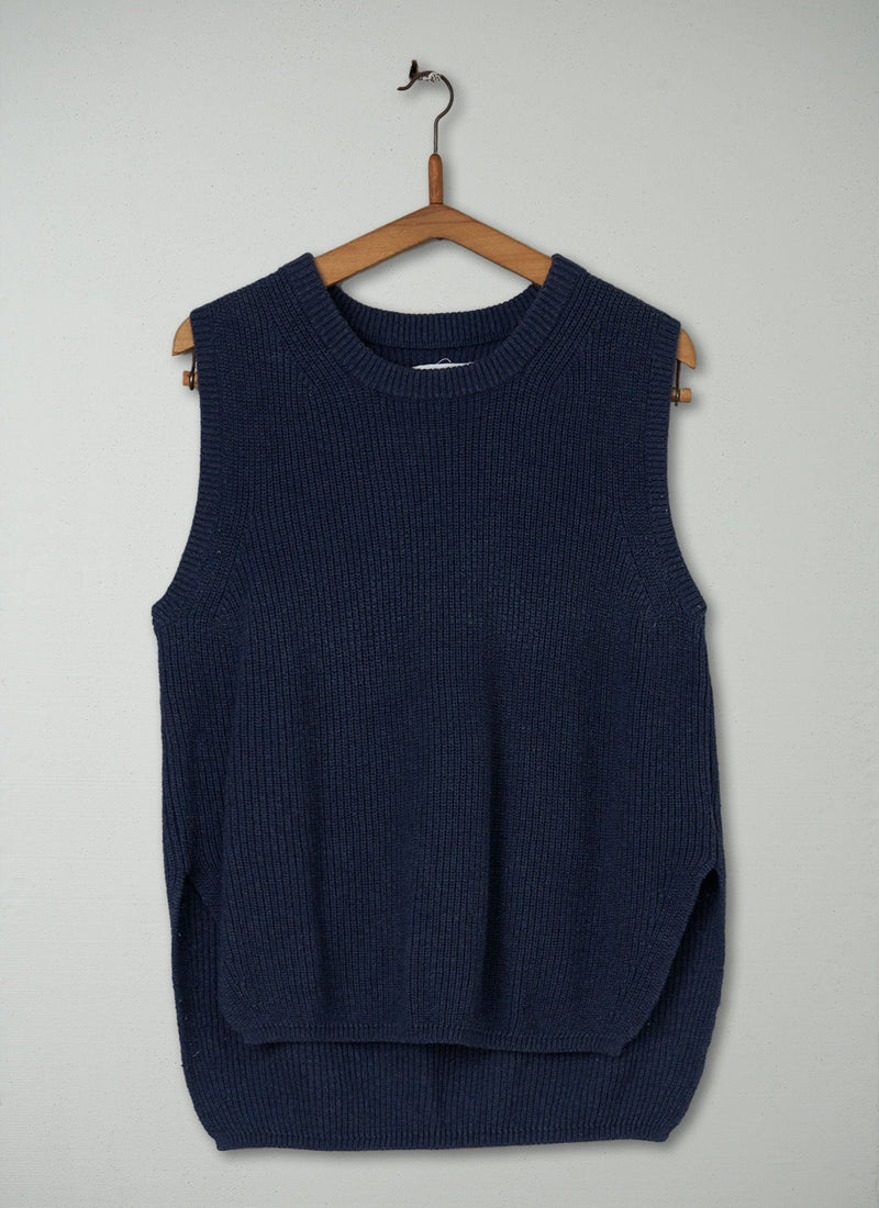 Reworn Fisherman Rib Wool Cotton Tank Size L (145) | Navy