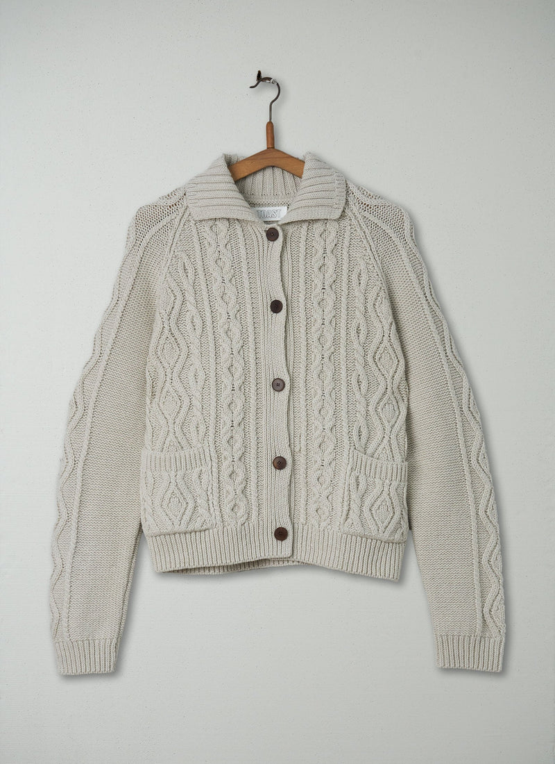 Reworn Wool Cotton Collared Cardigan S (157) | Chalk