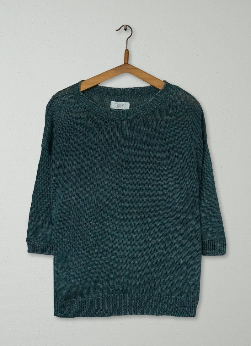 Reworn Half Sleeve Linen Sweater Size L (569) | Green