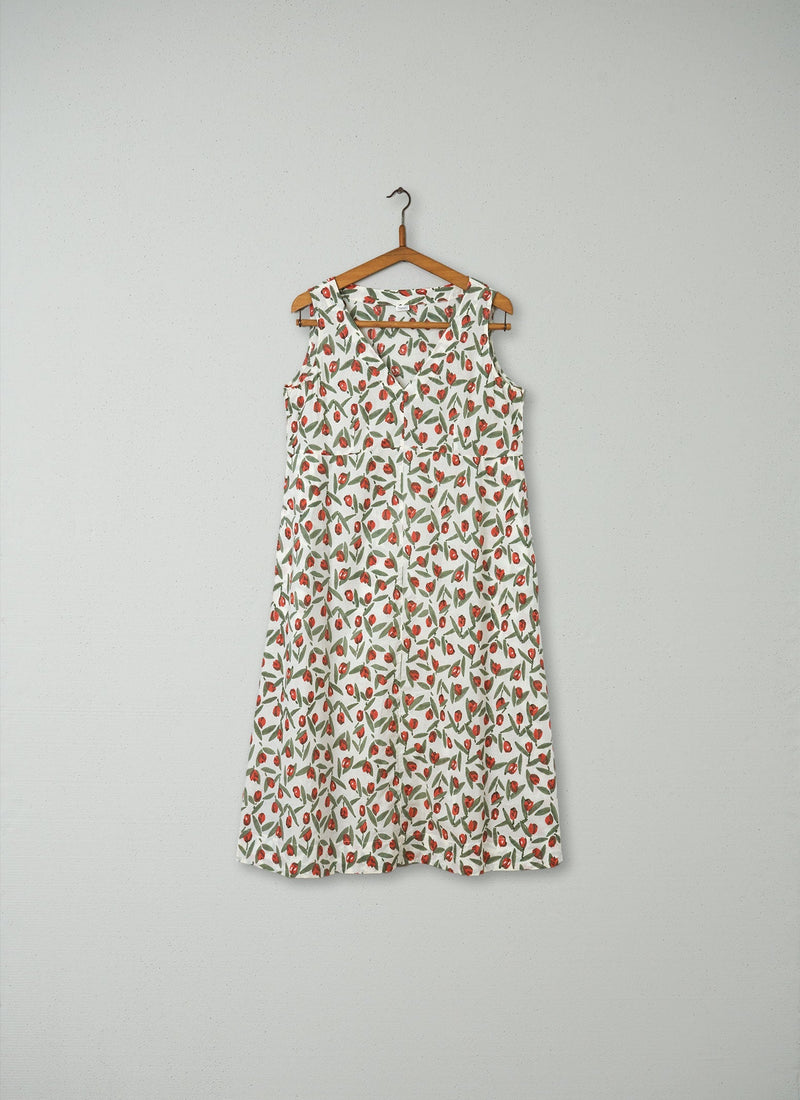 Reworn Block Print Nightie Size S (006) | White/Coral