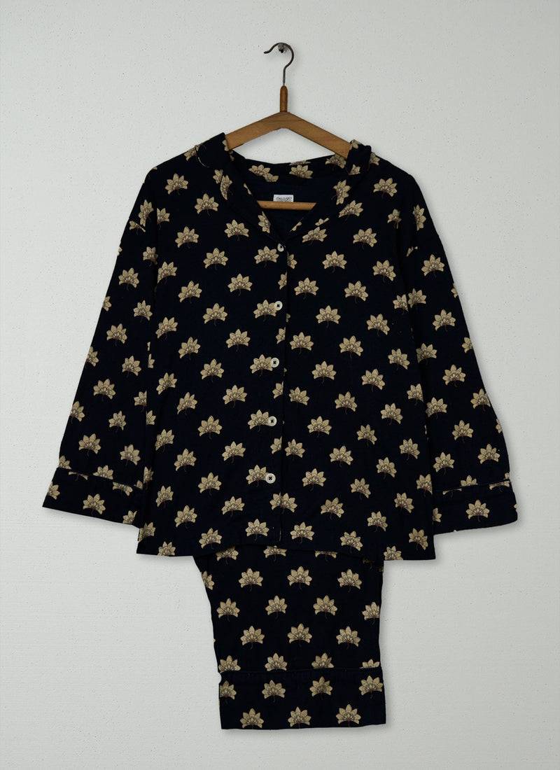Reworn Lotus Print Brushed Flannel Cropped  Pyjamas Size L (228) | Multi
