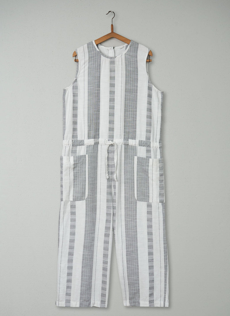Reworn Textured Stripe Jumpsuit Size L (273) | Ecru/Charcoal