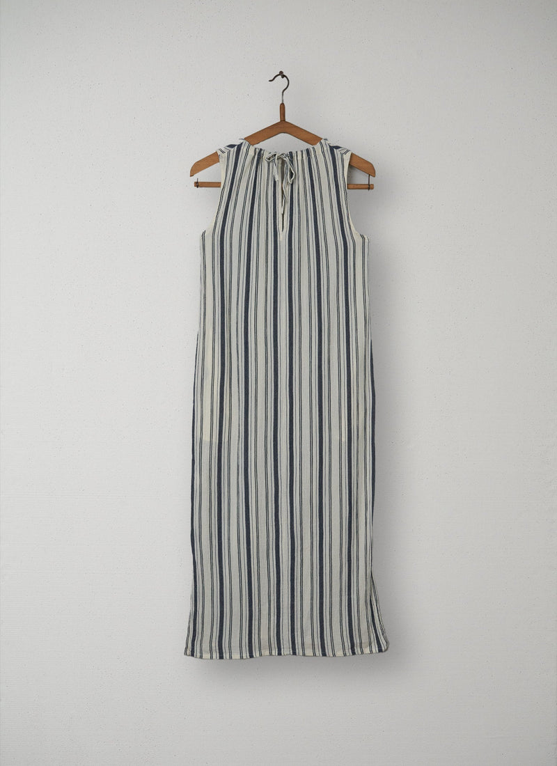 Reworn Crepe Stripe Dress Size XS (104) | Ecru/Denim Blue