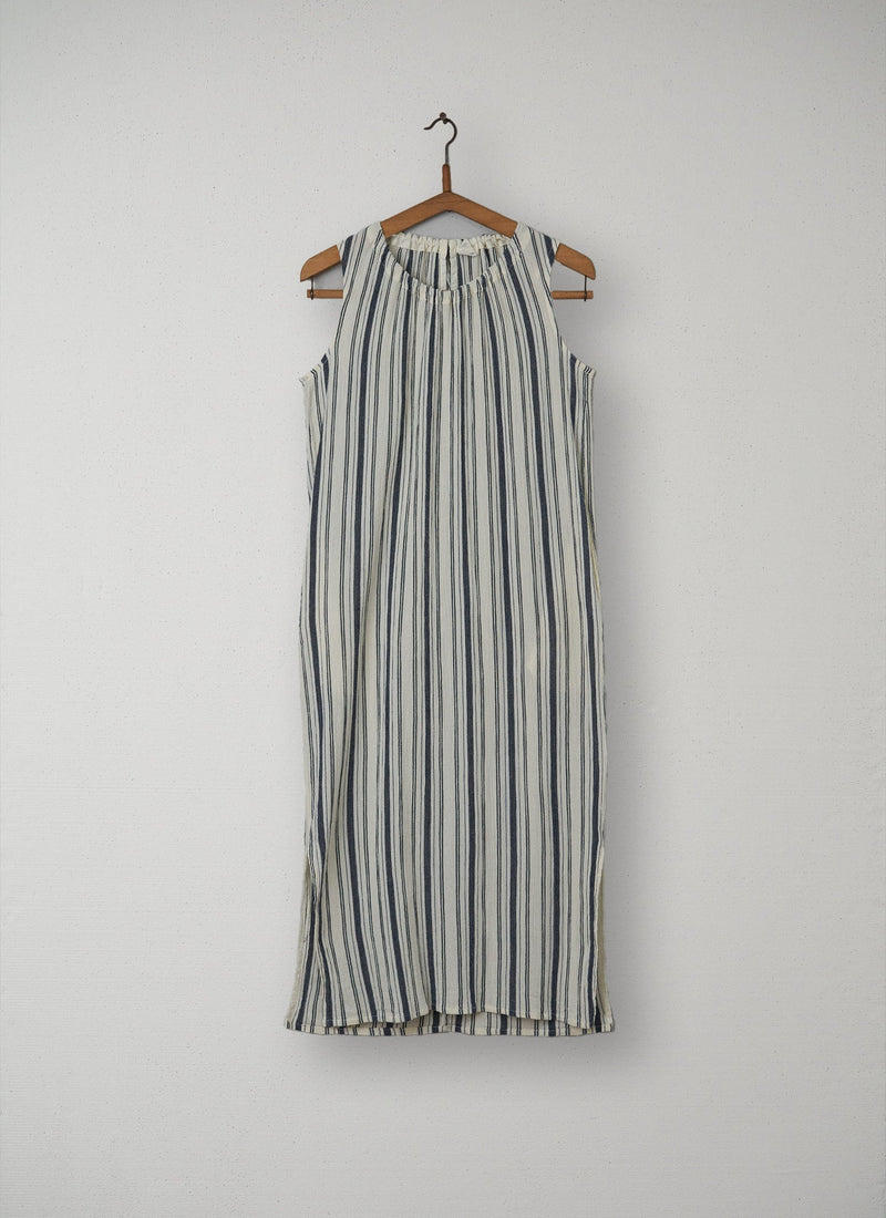 Reworn Crepe Stripe Dress Size XS (104) | Ecru/Denim Blue