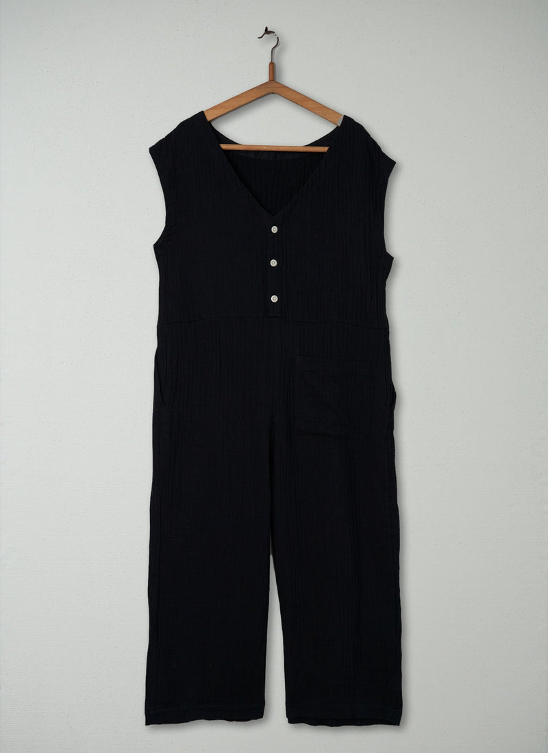 Reworn Crinkle Cotton Jumpsuit Size M (306) | Black