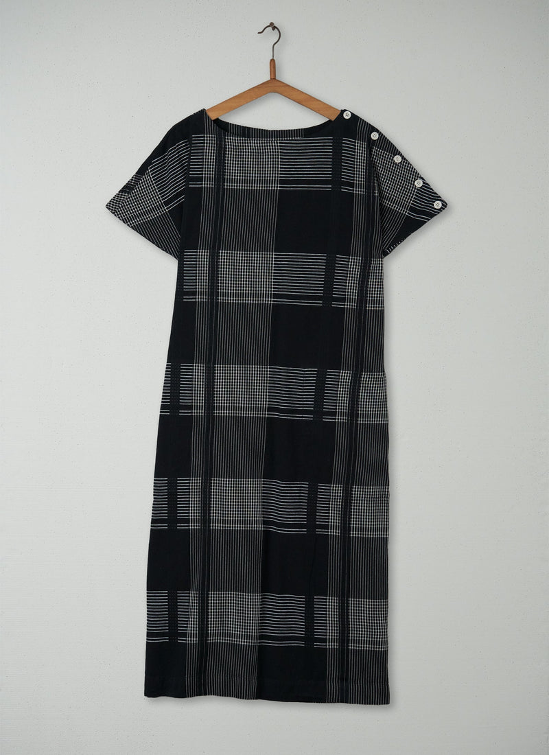 Reworn Button Shoulder Dress Size M (065) | Black/Ecru