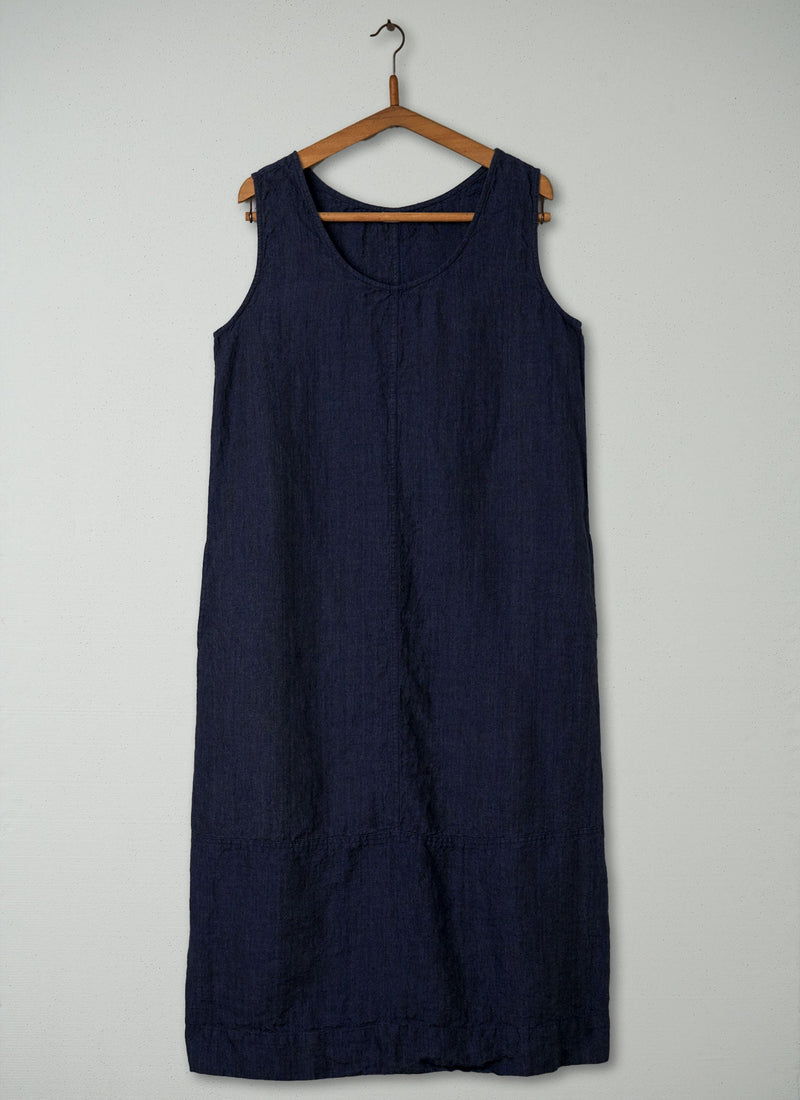Reworn Linen U-Neck Dress Size L (362) | Midnight
