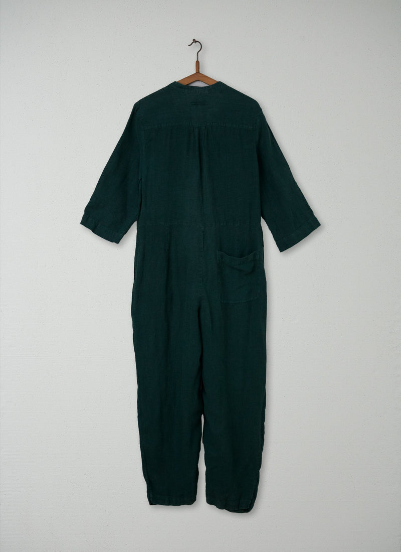 Reworn Garment Dyed Linen Jumpsuit Size M (091) | Bottle Green