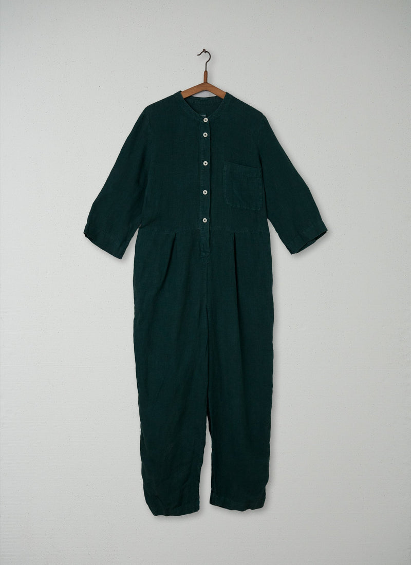 Reworn Garment Dyed Linen Jumpsuit Size M (091) | Bottle Green