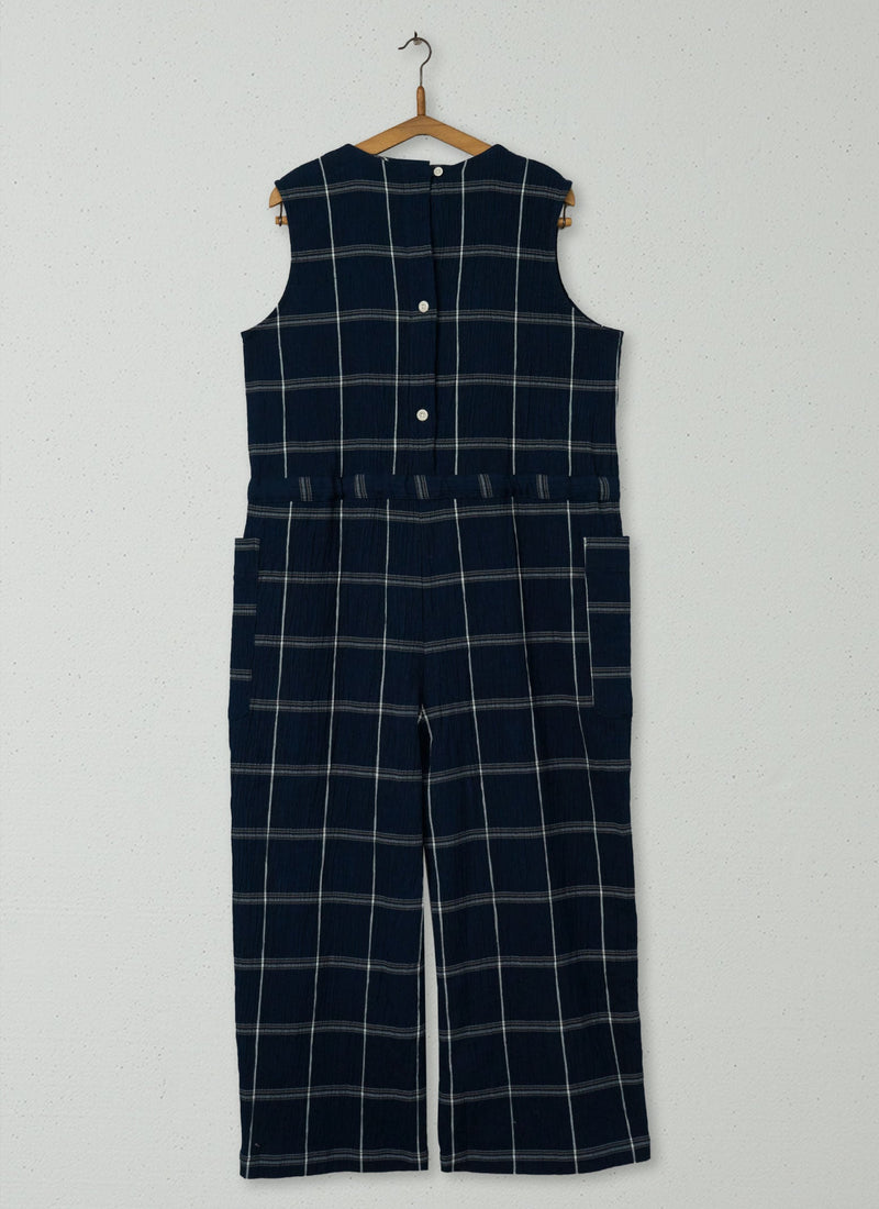 Reworn Crinkled Cotton Check Jumpsuit Size M (823) | Midnight