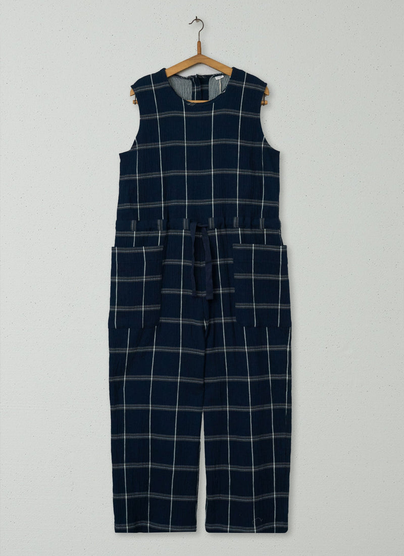 Reworn Crinkled Cotton Check Jumpsuit Size M (823) | Midnight