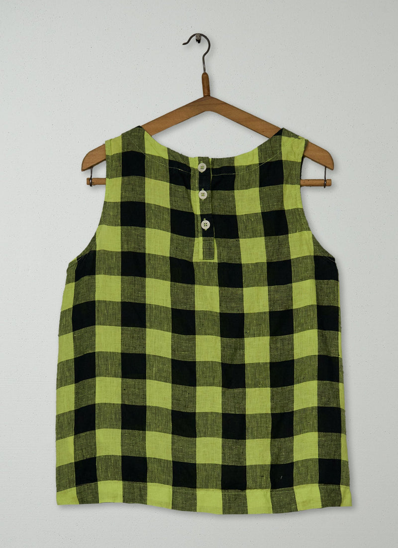 Reworn Gauzy Linen Check Tank Size M (1075) | Lime