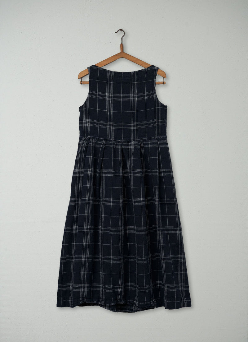 Reworn Check Linen Dress Size XS (232) | Midnight/Chalk
