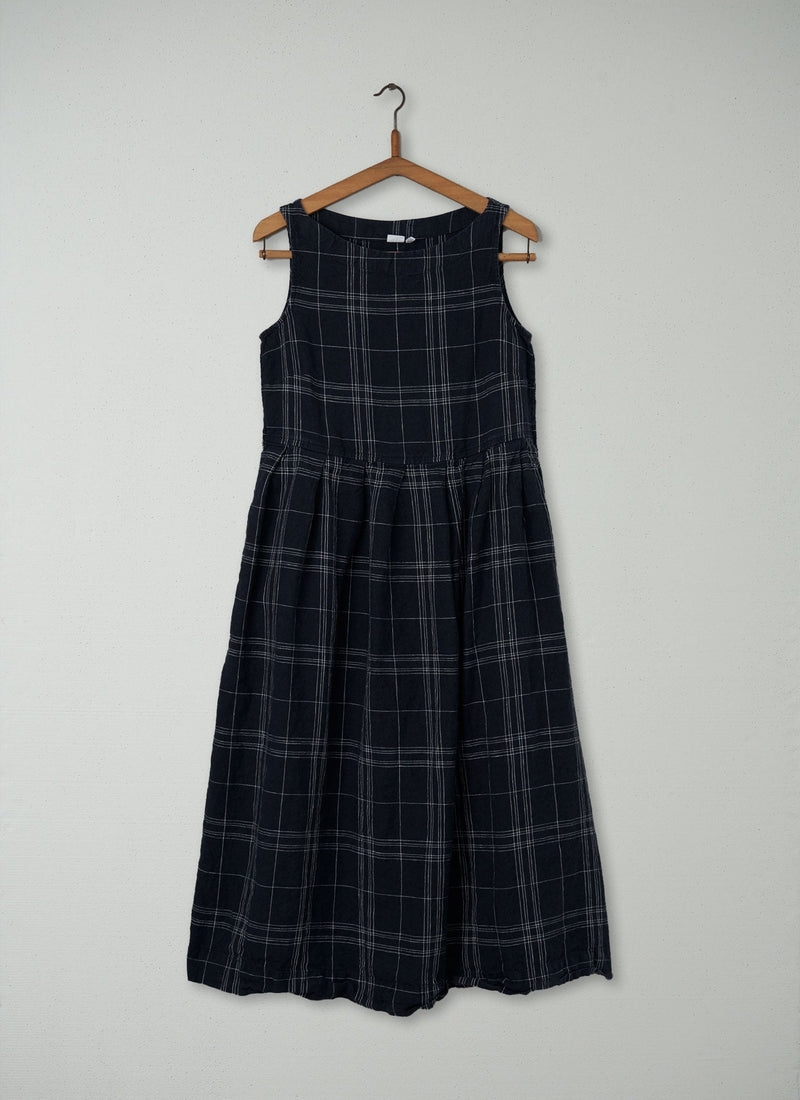 Reworn Check Linen Dress Size XS (232) | Midnight/Chalk