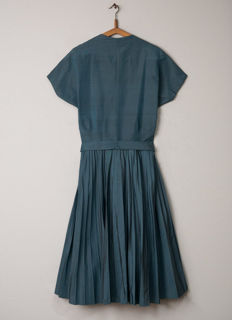 Reworn Silk Pleat Dress Size 16 (045) | Teal