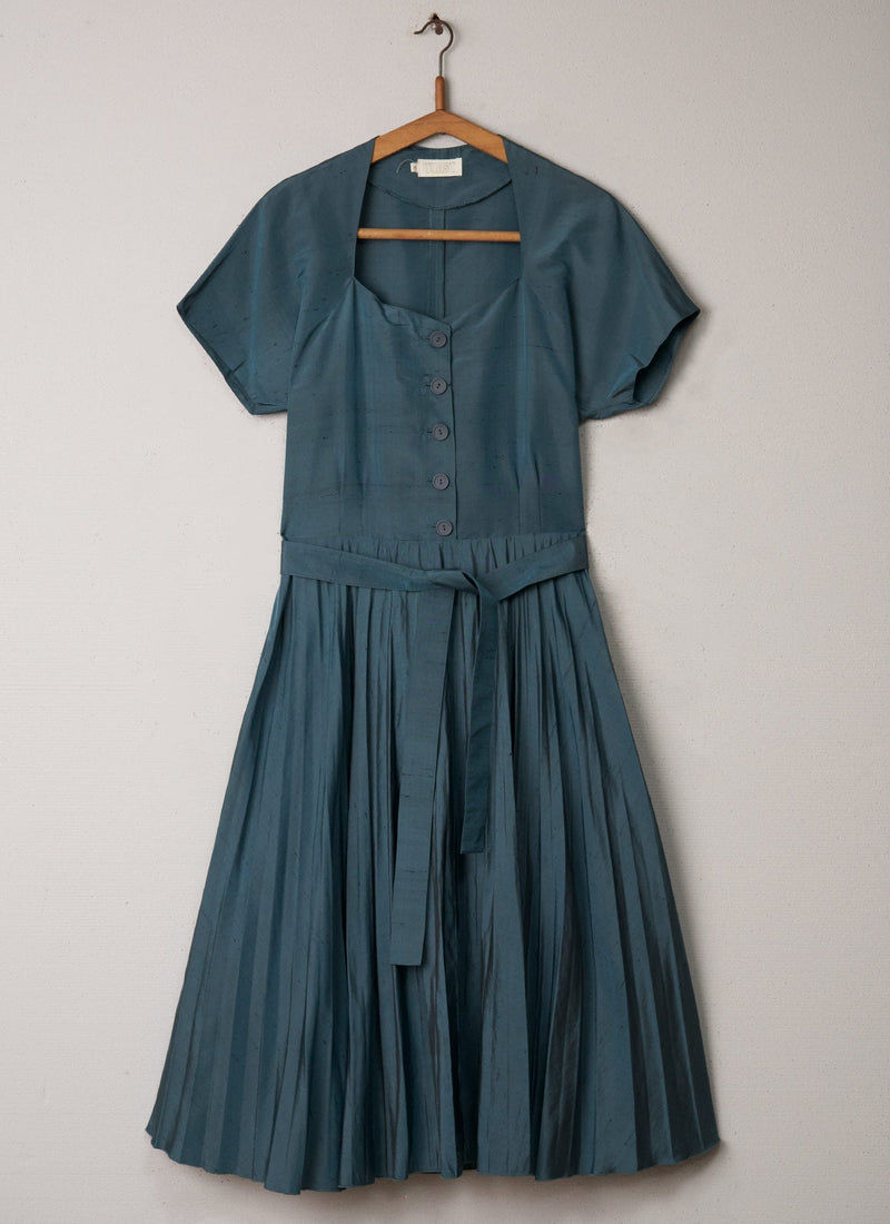 Reworn Silk Pleat Dress Size 16 (045) | Teal